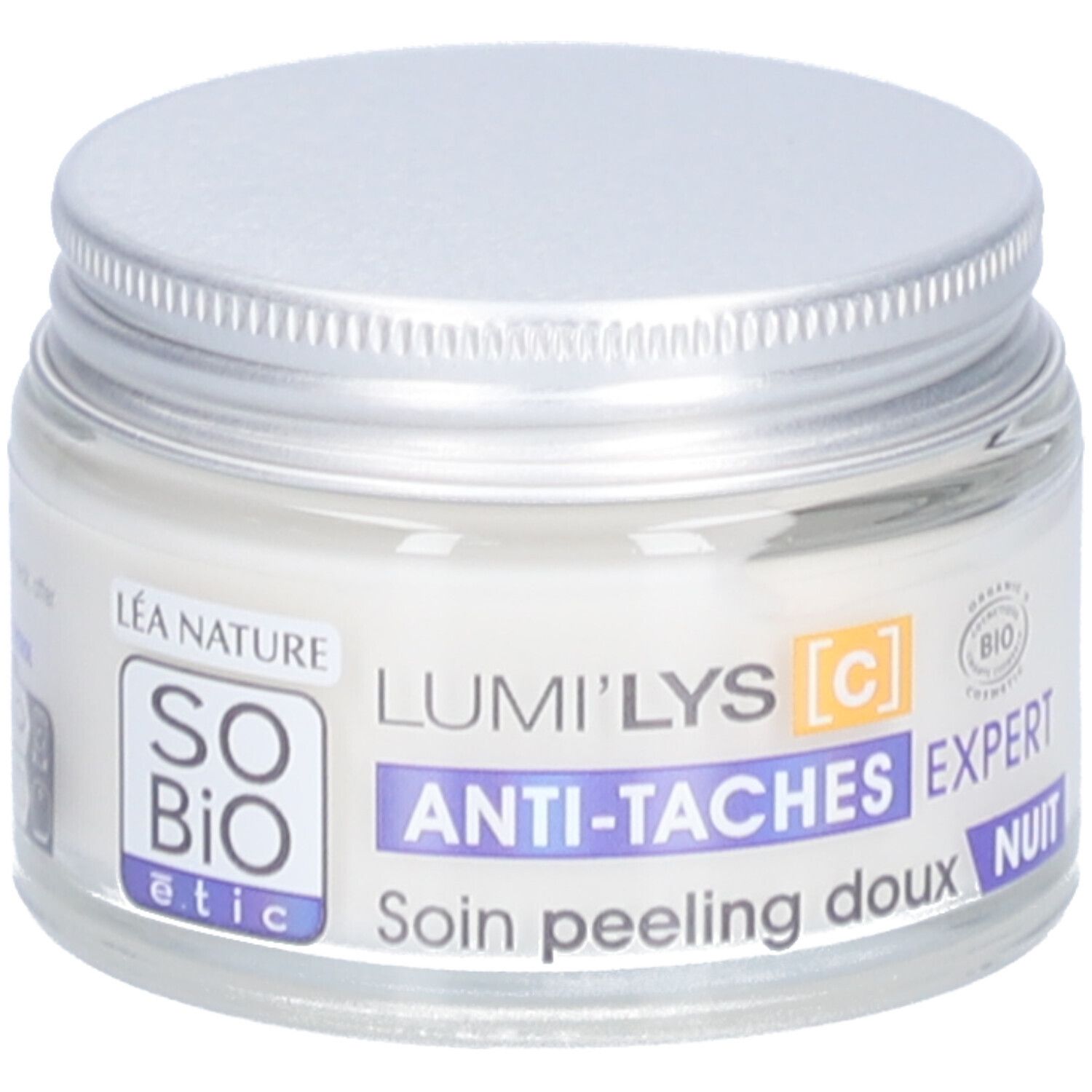 Crème en pot avec couvercle argenté. Inscription: Lumi'Lys Anti-Taches Expert Nuit. Avec certification bio.
