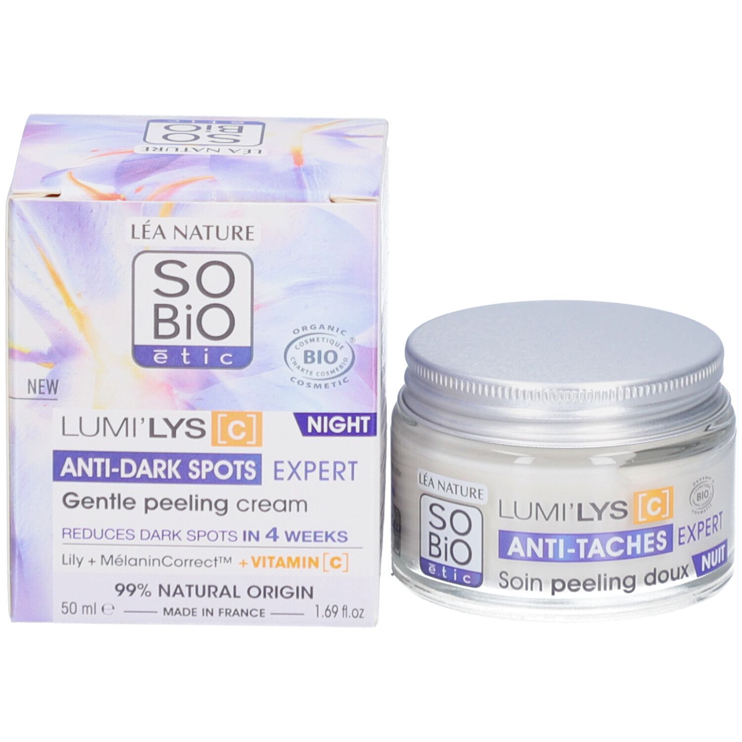 Emballage et pot de crème. Inscription: SO BIO étic, Lumi'Lys Anti-Taches Expert Nuit, 50 ml. 99% d'origine naturelle.