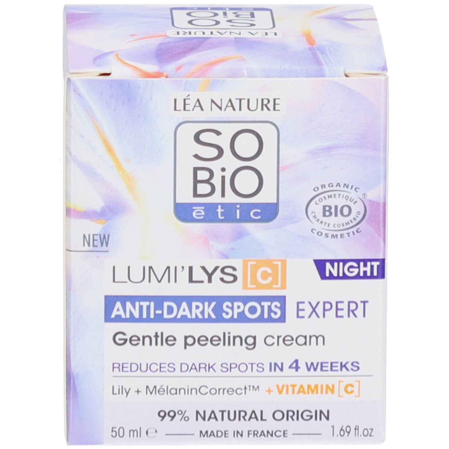 Emballage. Inscription: SO BIO étic, Lumi'Lys Anti-Taches Expert Nuit, 50 ml. 99% d'origine naturelle.