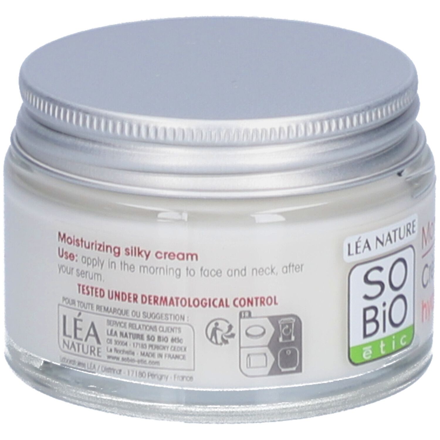 Pot de crème avec couvercle argenté. Étiquette avec texte et logo SO BIO etic. Testé sous contrôle dermatologique.