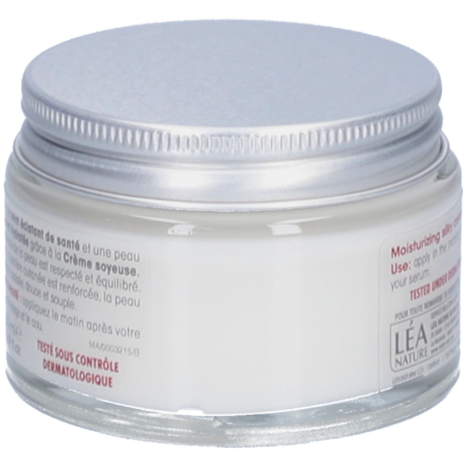 Pot de crème avec couvercle argenté. Étiquette avec texte. Testé sous contrôle dermatologique. Logo Lea Nature.