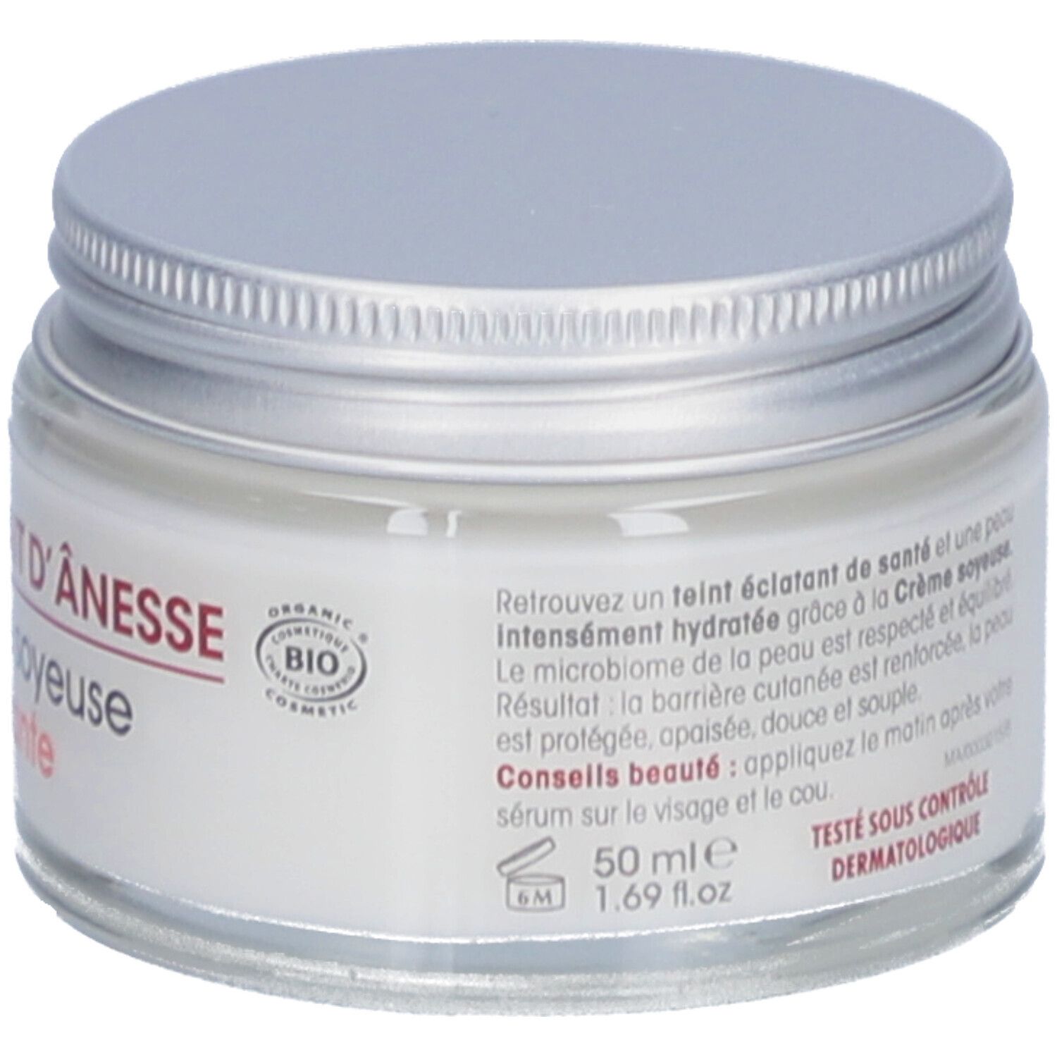 Pot de crème avec couvercle argenté. Étiquette avec texte, logo et certification bio. 50 ml.