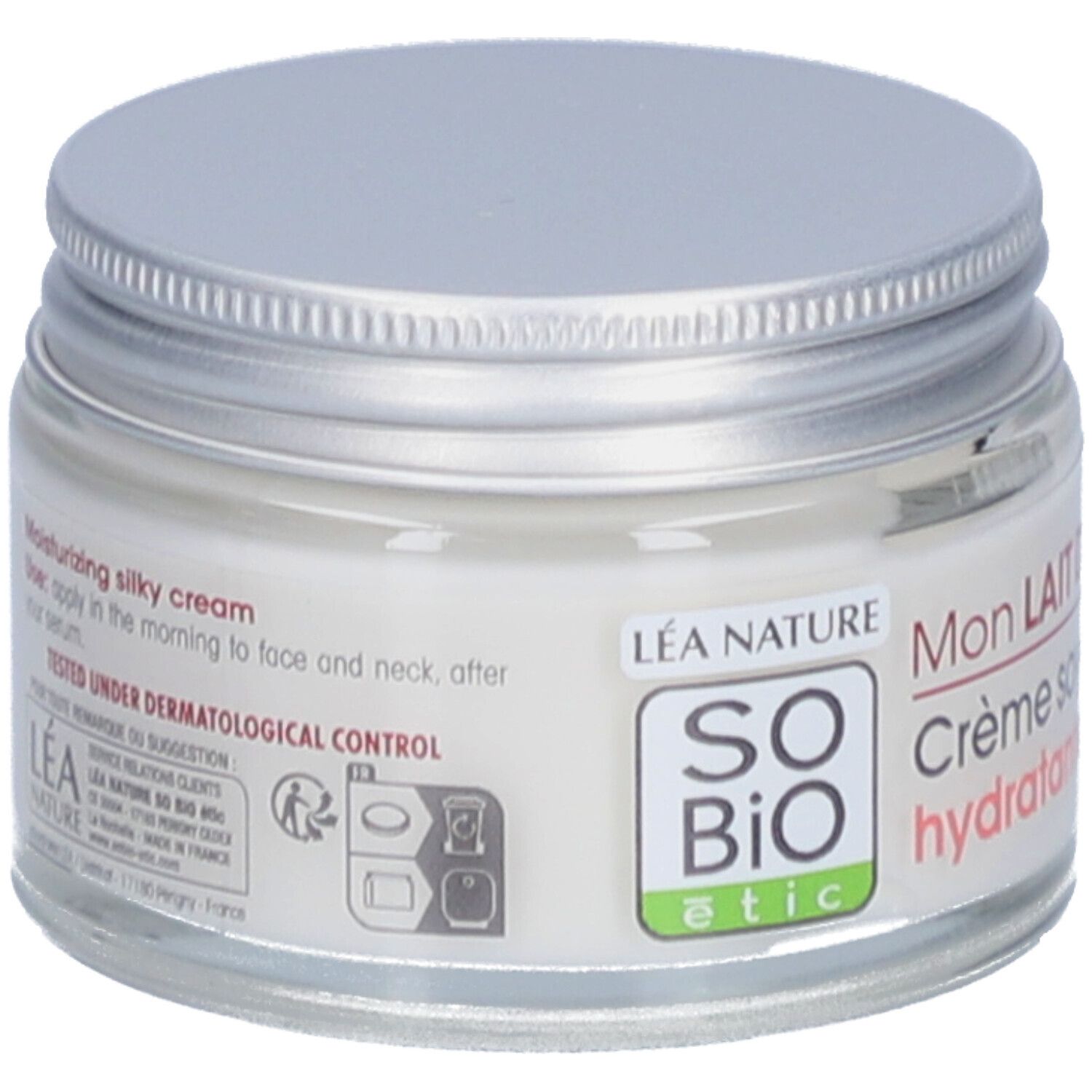 Pot de crème avec couvercle argenté. Étiquette avec texte et logo SO BIO etic. Testé sous contrôle dermatologique.