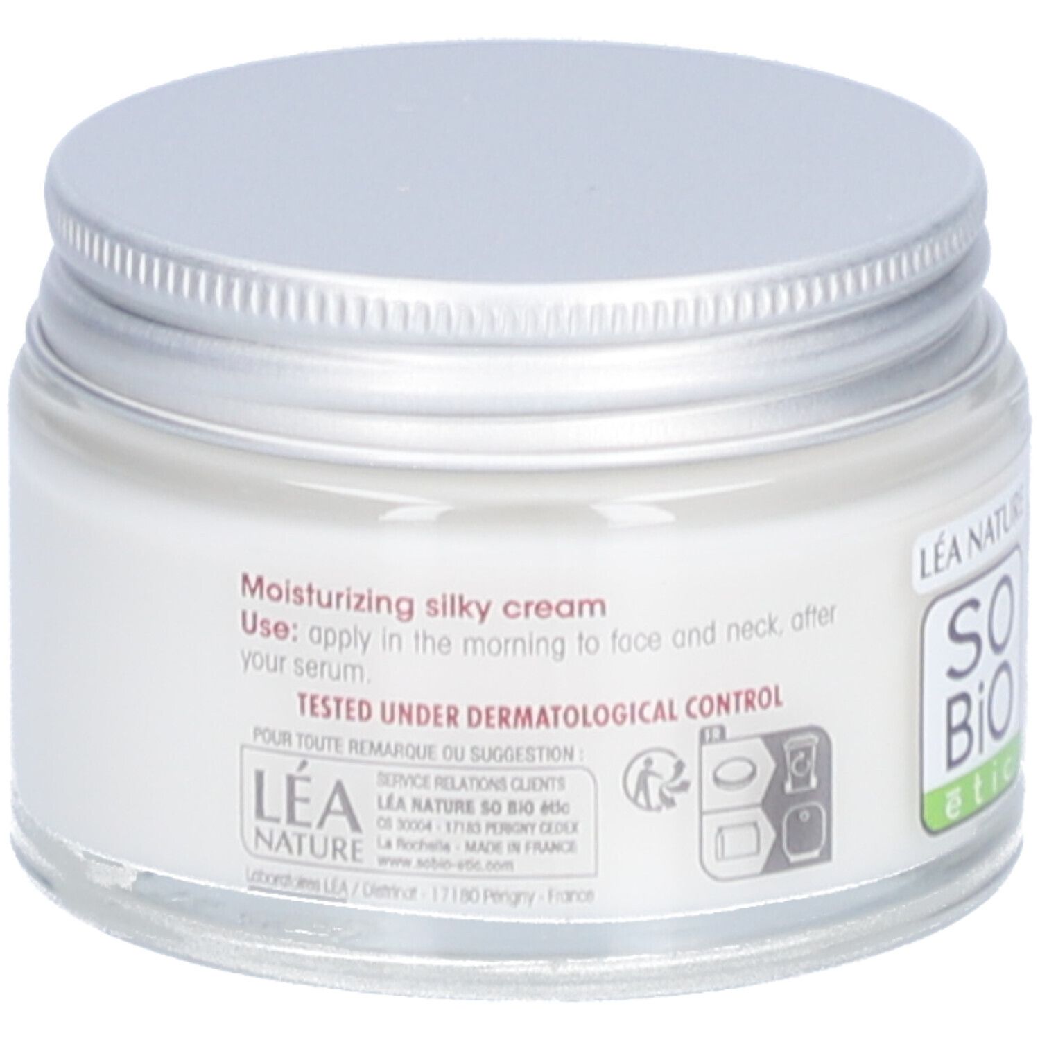 Pot de crème avec couvercle argenté. Étiquette avec texte et logo SO BIO etic. Testé sous contrôle dermatologique.