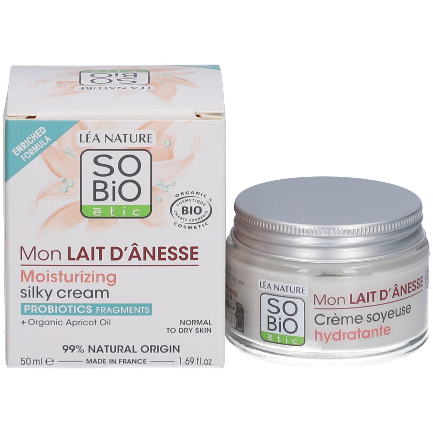 Pot de crème et boîte. Sur la boîte: texte, logo SO BIO etic, certification bio. 50 ml.