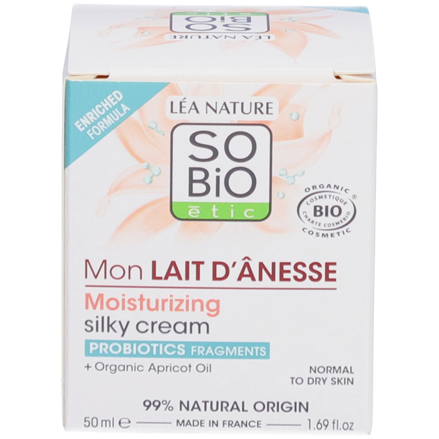 Boîte avec texte, logo SO BIO etic, certification bio. 50 ml. Pour peaux normales à sèches.