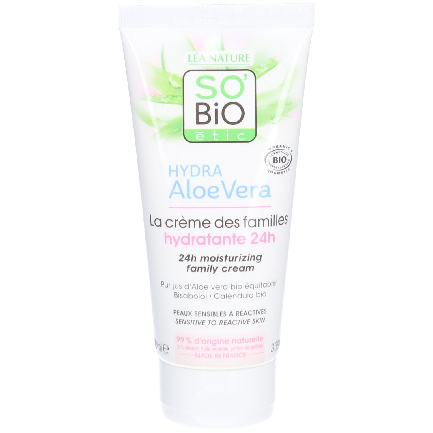 Tube blanc avec texte vert et rose. SO BIO, Hydra Aloe Vera, La crème des familles hydratante 24h. Certification bio.