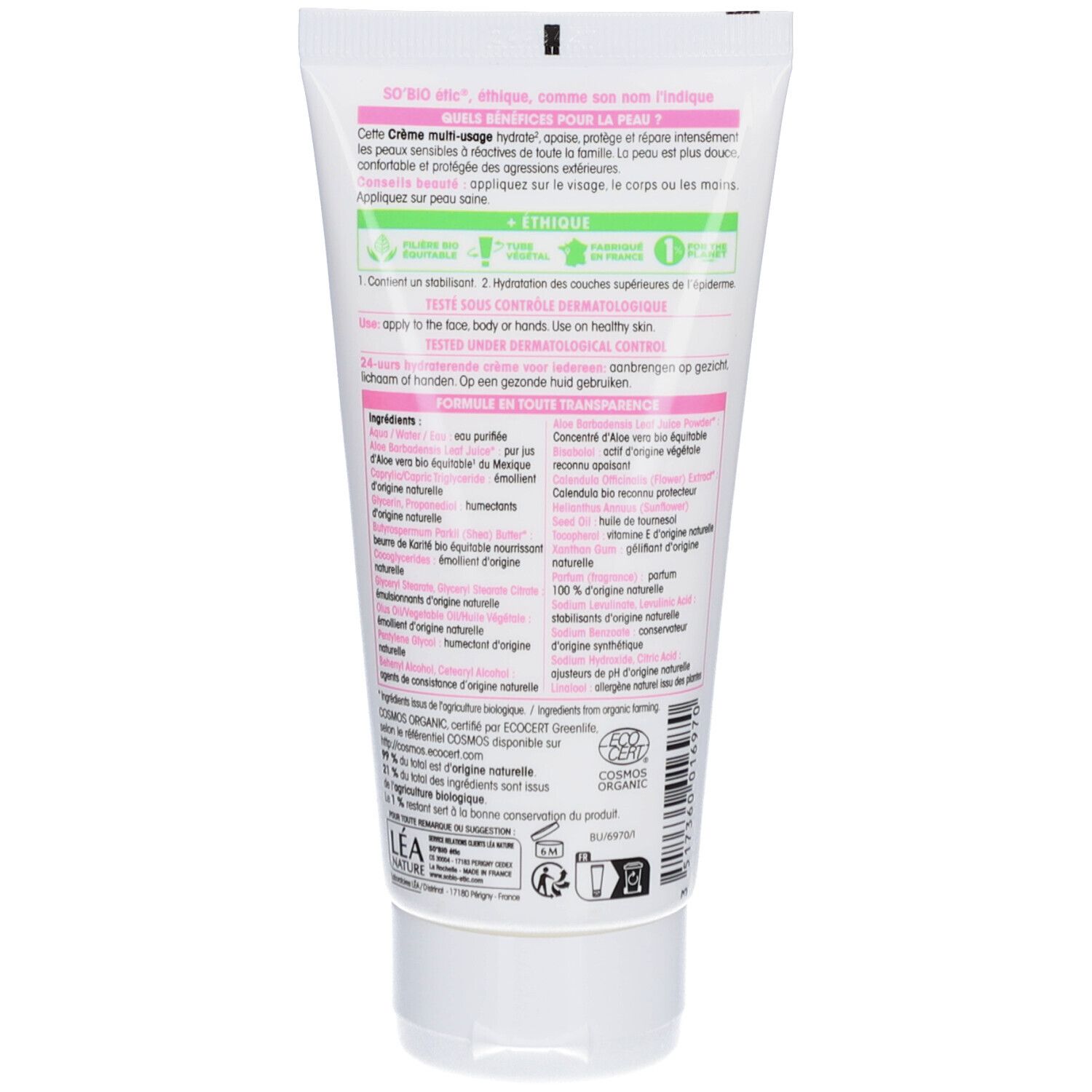 Dos du tube. Texte: SO BIO, ingrédients, mode d'emploi. Certification bio. Fond blanc.