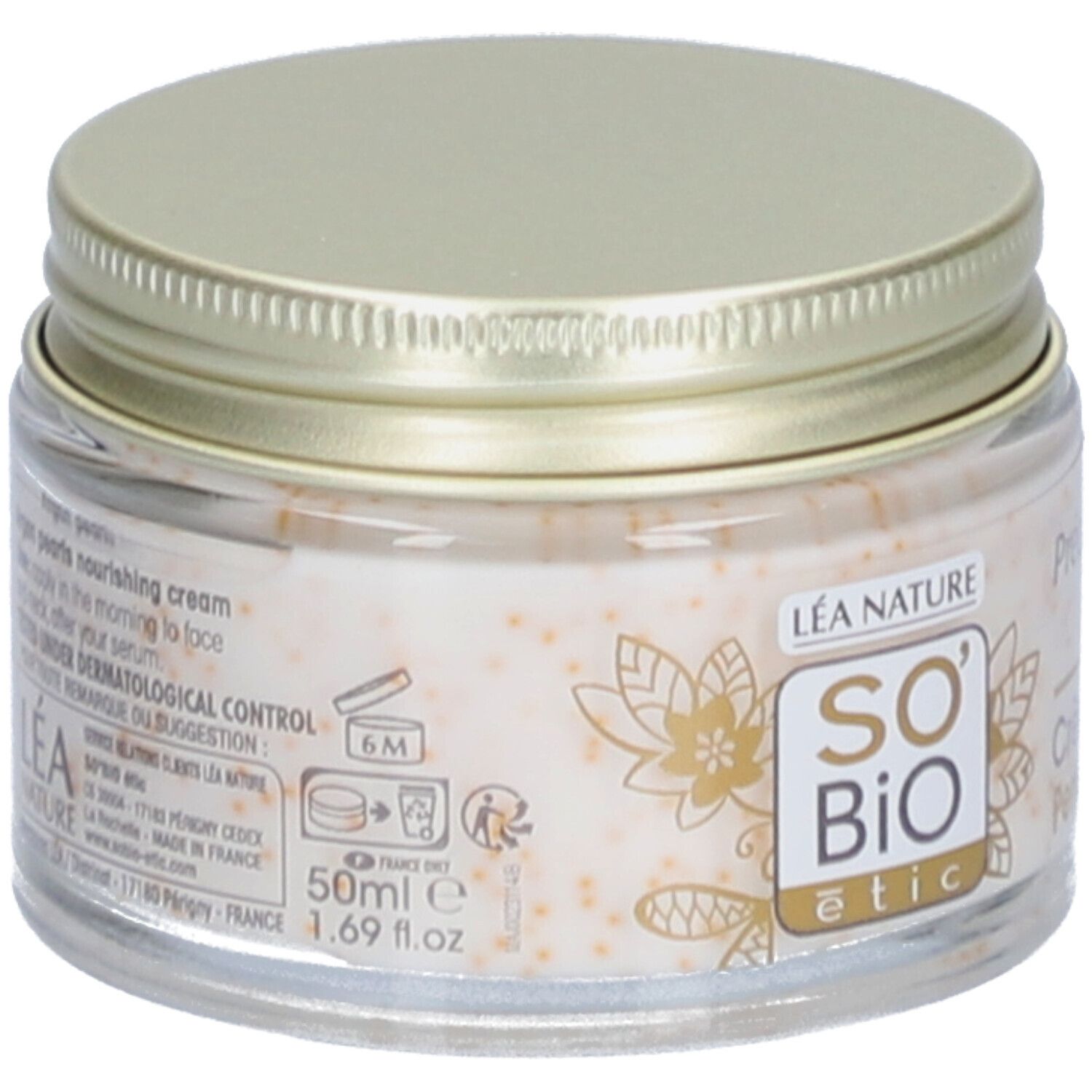Pot de crème avec couvercle doré. Logo SO BIO étic. Crème avec perles. Inscription: 50ml e 1.69 fl.oz. Testé sous contrôle dermatologique.