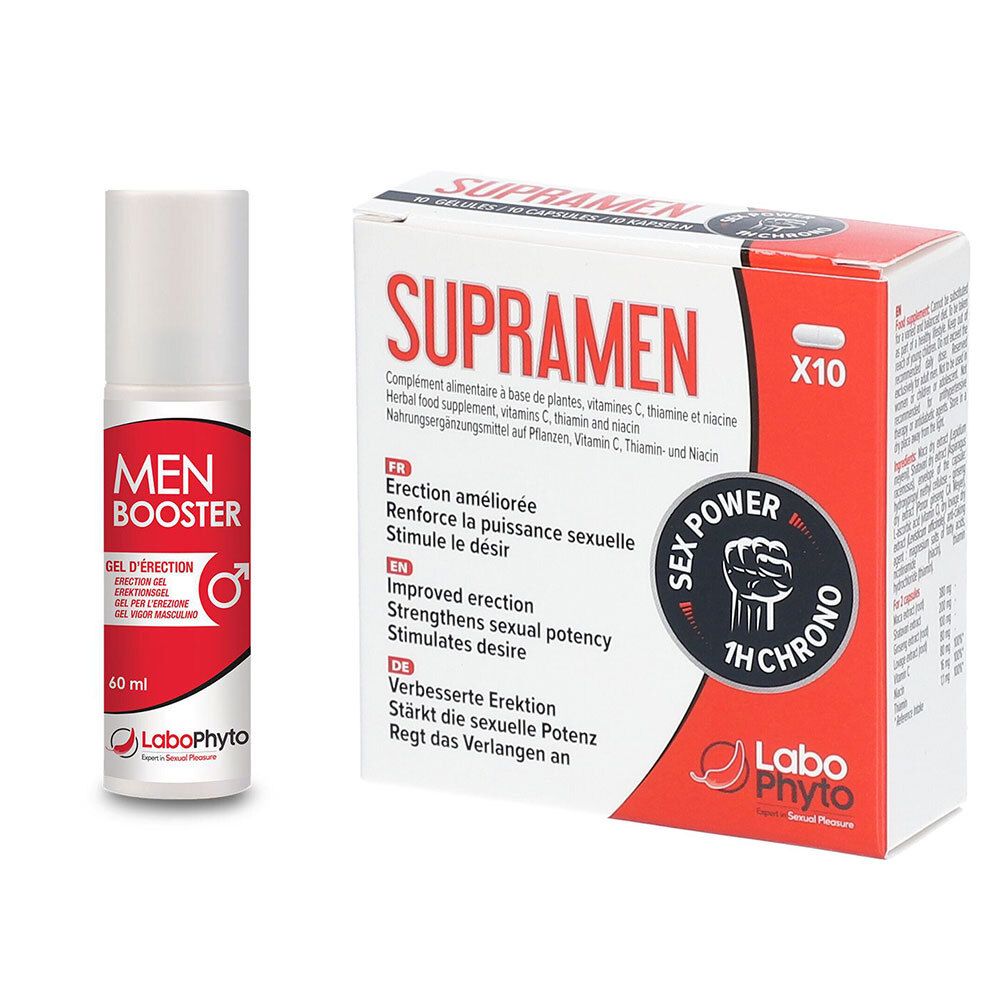 Deux produits : un flacon « Men Booster » et une boîte « Supramen ». Les deux produits présentent des éléments rouges et blancs.