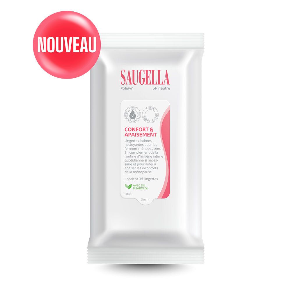 Paquet de lingettes Saugella. Cercle rouge avec "NOUVEAU".