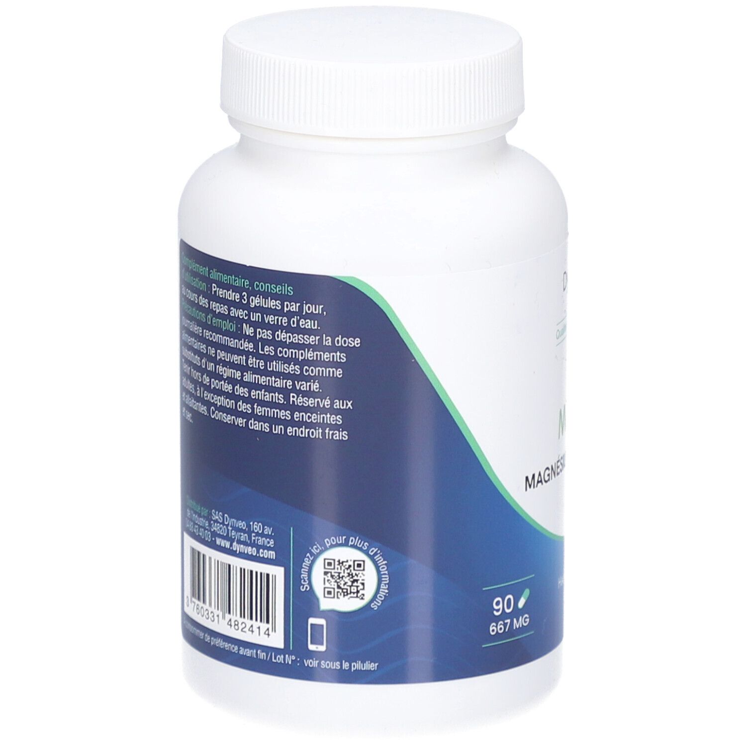 Dos de la bouteille blanche. Texte: instructions, ingrédients, code QR. 90 gélules, 667 mg.