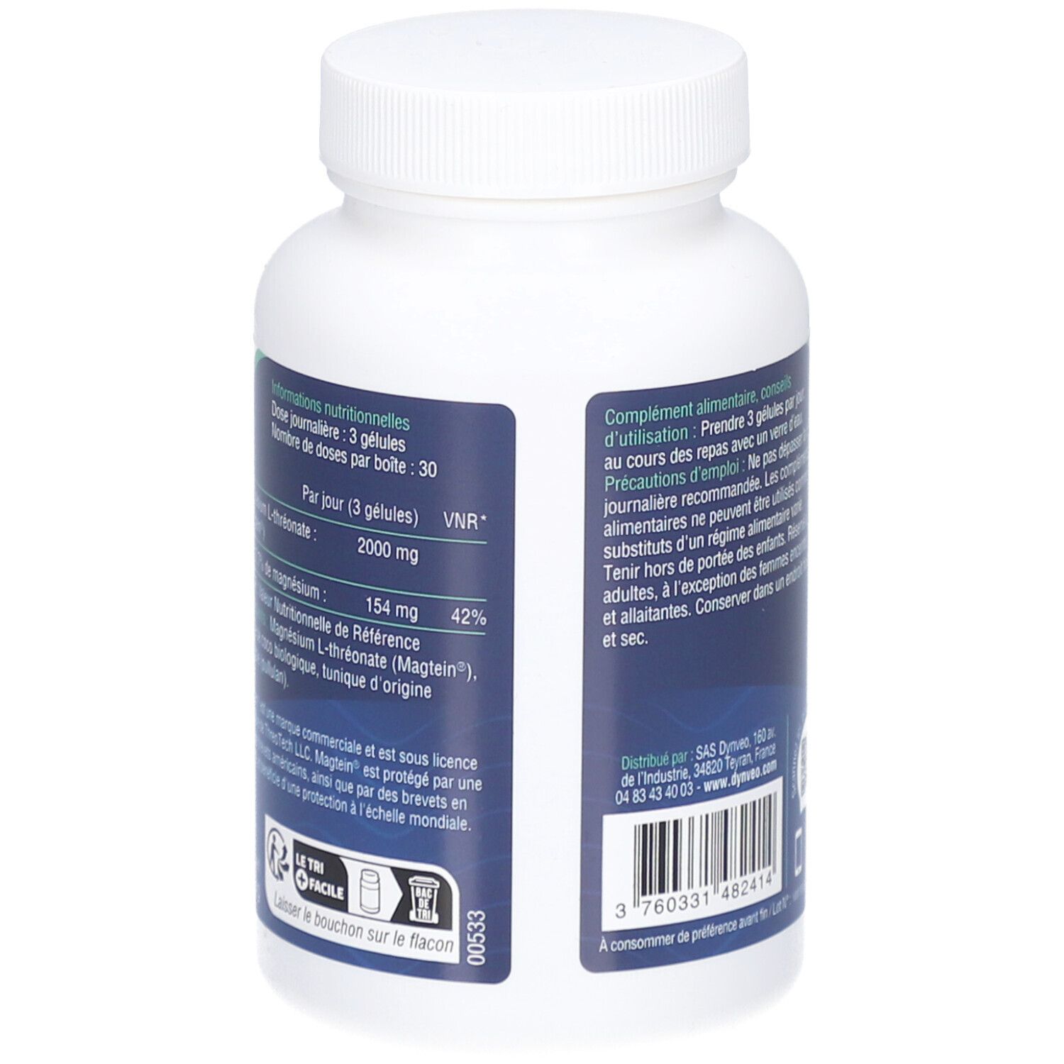 Dos de la bouteille blanche. Texte: informations nutritionnelles, ingrédients, avertissements. Code QR.