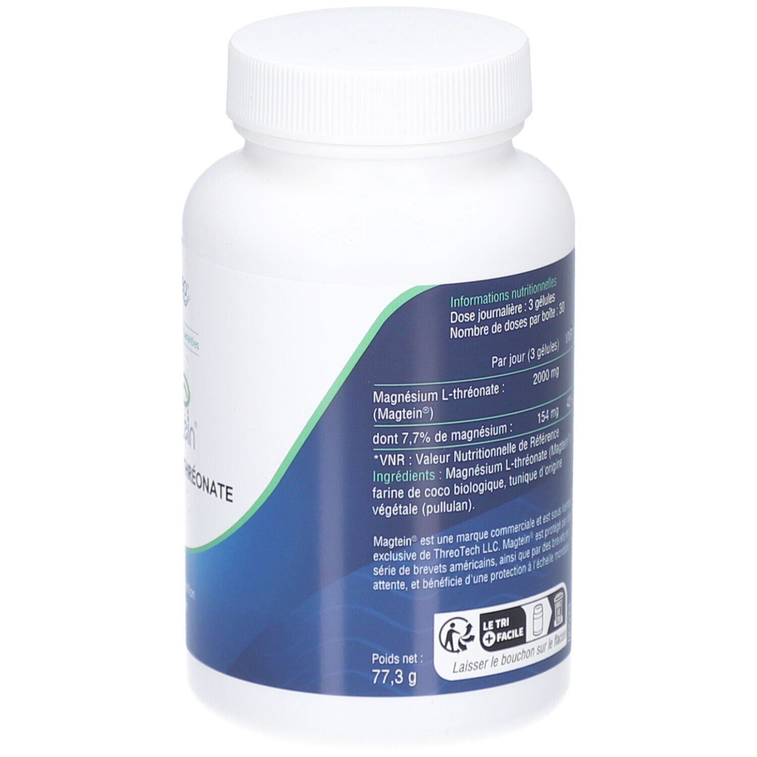 Dos de la bouteille blanche. Texte: informations nutritionnelles, ingrédients, poids 77,3 g.