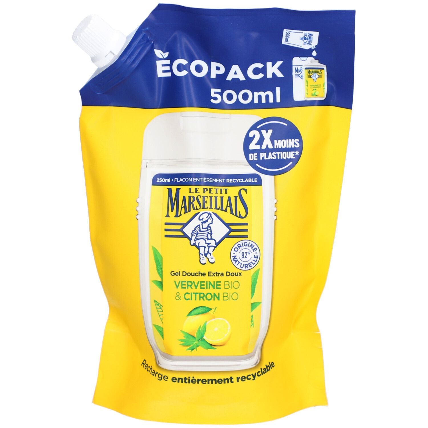 Recharge de gel douche. Emballage jaune avec image du produit et texte. Logo "LE PETIT MARSEILLAIS" et "Verveine BIO & Citron BIO".