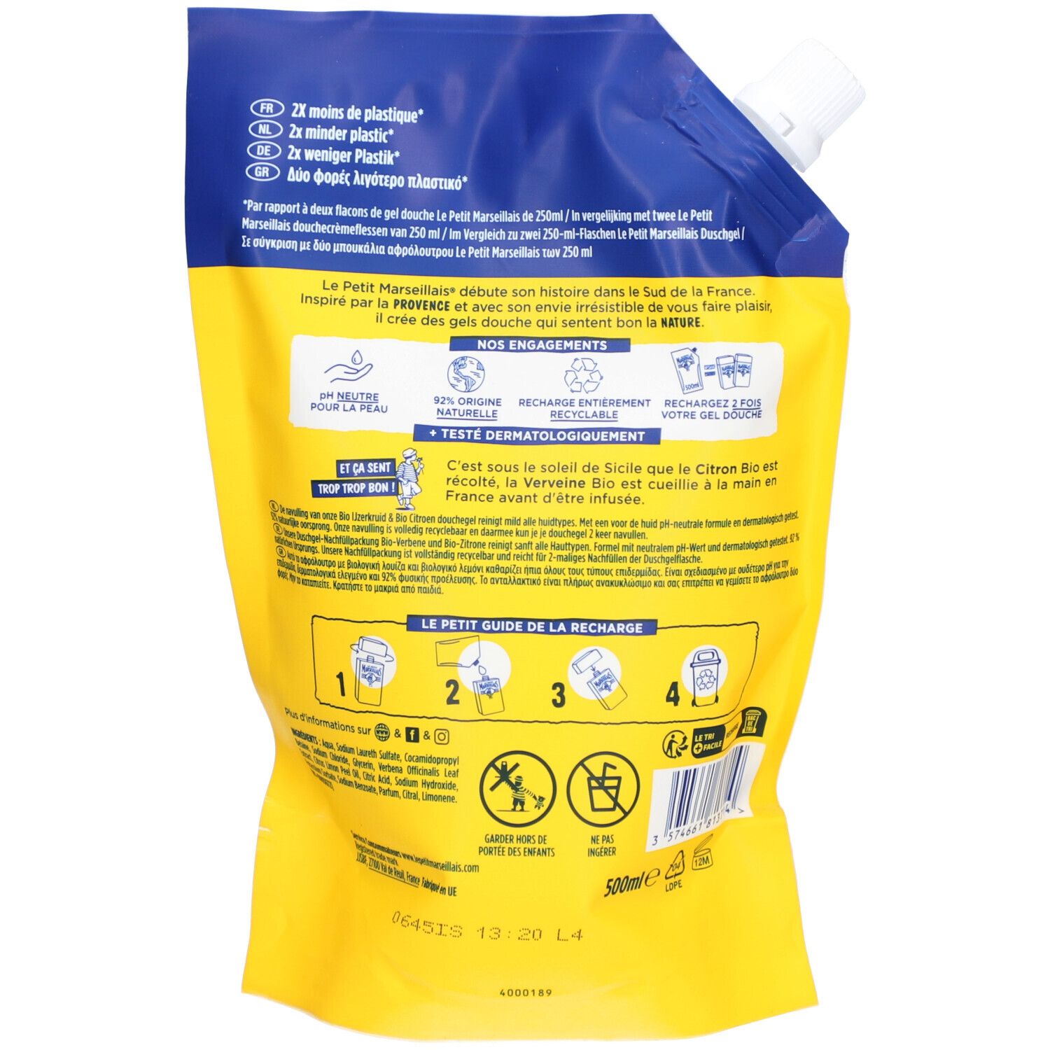 Dos de la recharge. Jaune et bleu. Texte et illustrations. Informations sur les ingrédients et le recyclage.