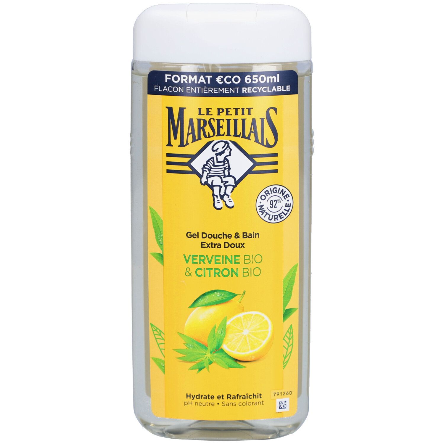 Flacon de gel douche transparent avec bouchon blanc. Étiquette jaune avec texte: Verveine BIO & Citron BIO. Logo: enfant.