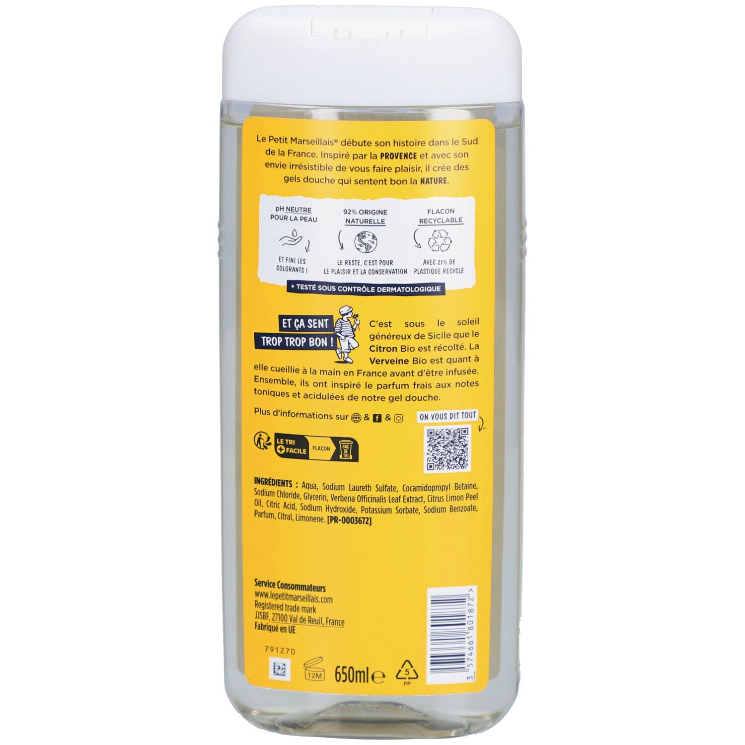 Dos du flacon de gel douche. Étiquette jaune avec texte et logo. Contient des informations sur les ingrédients et les certifications.