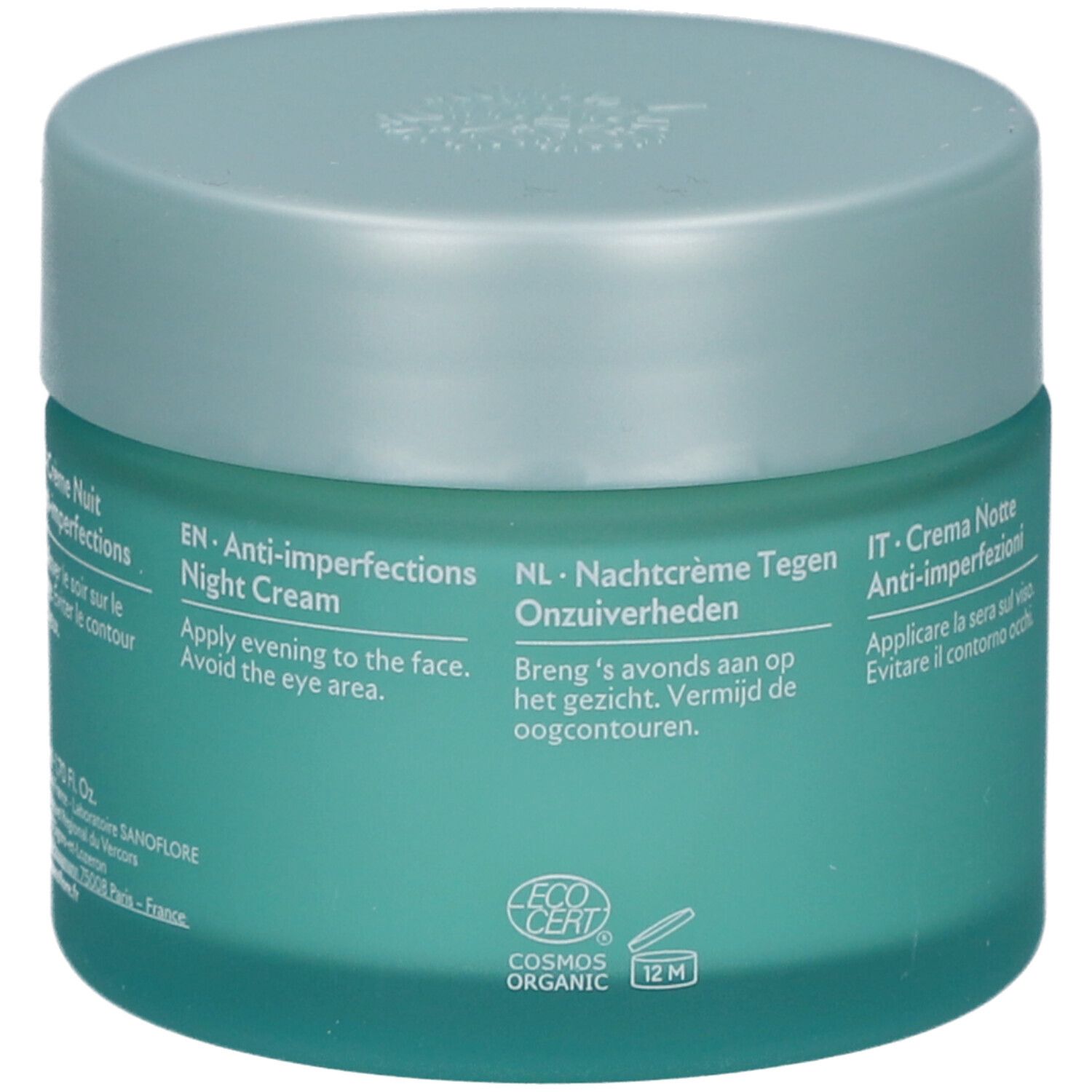 Dos d'un pot turquoise avec couvercle. Texte multilingue: Crème Nuit Anti-imperfections, instructions, EcoCert.