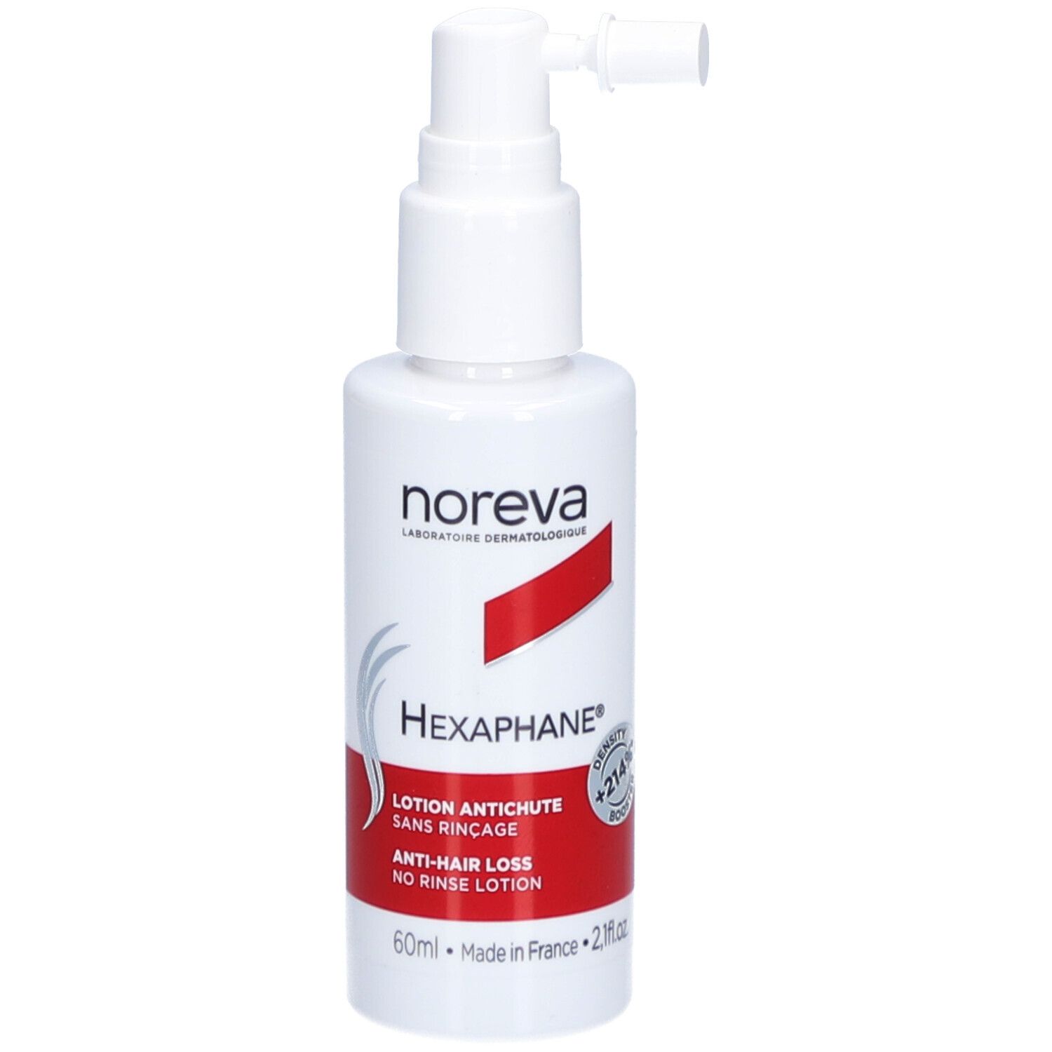 Flacon blanc avec vaporisateur. Bande rouge avec texte. "Hexaphane" et "Anti-Chute" visibles. 60ml.