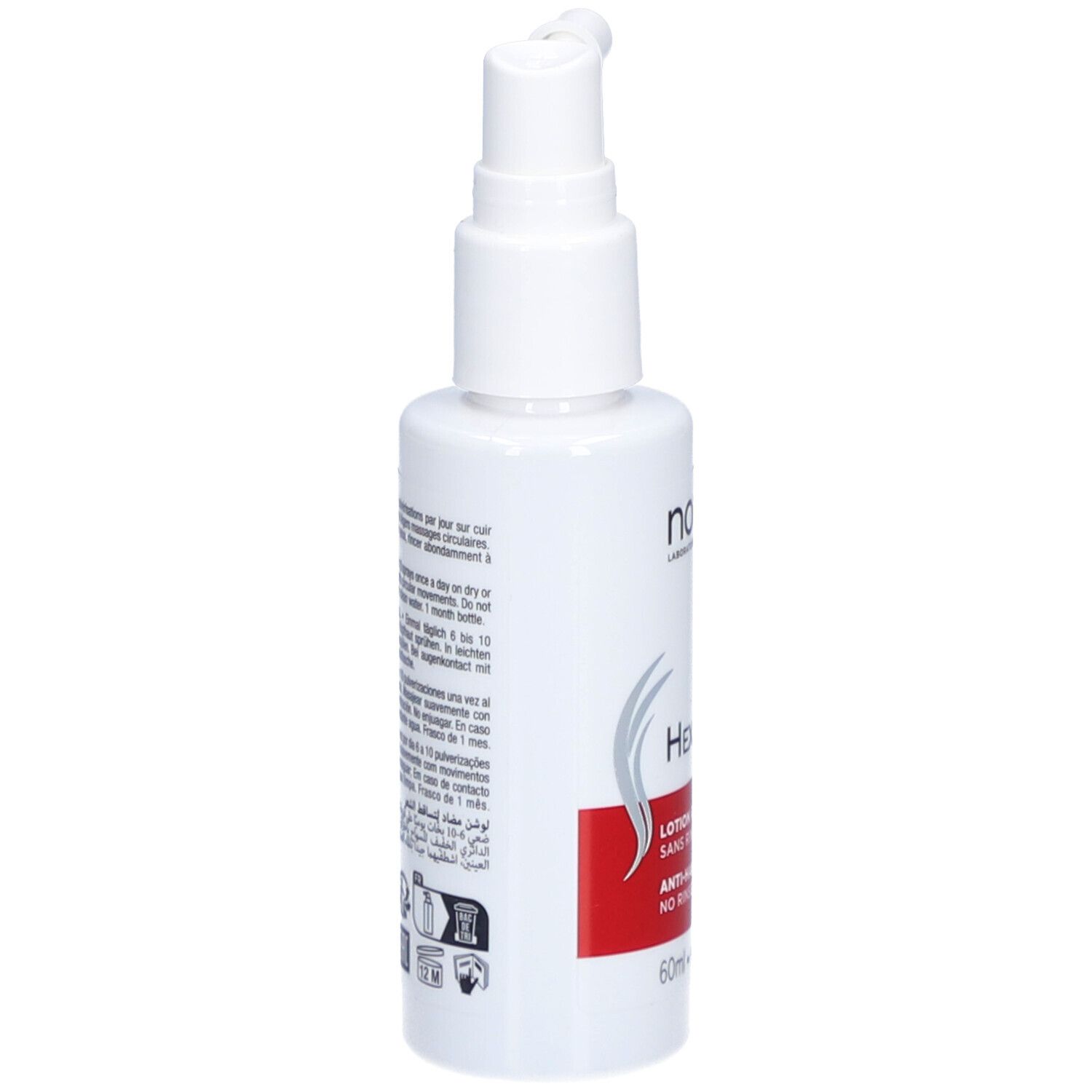 Flacon blanc avec vaporisateur. Texte sur le côté. "Hexaphane" et "Anti-Chute" partiellement visibles. 60ml.
