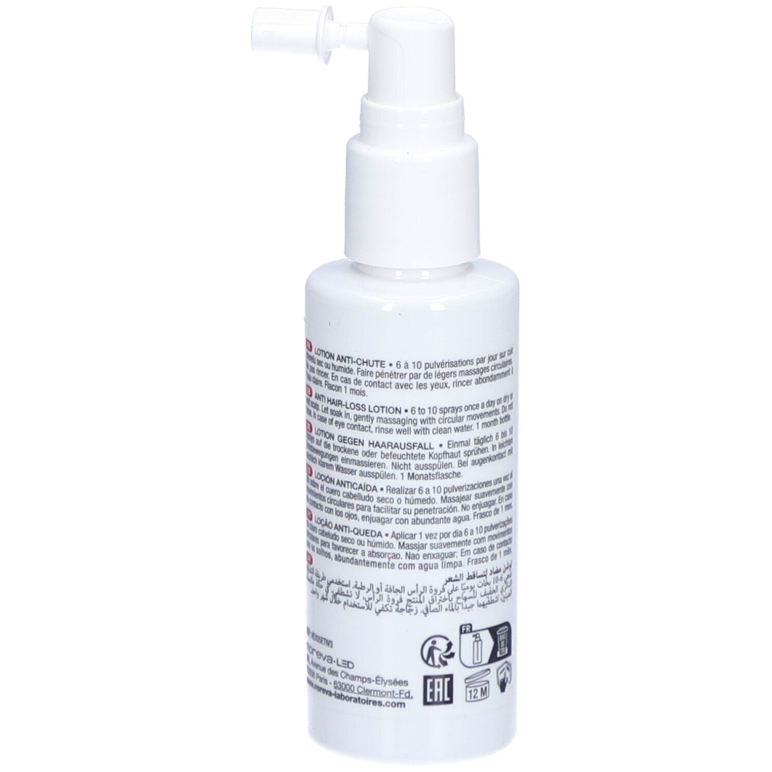 Flacon blanc avec vaporisateur. Dos avec texte. Informations d'utilisation. 60ml.