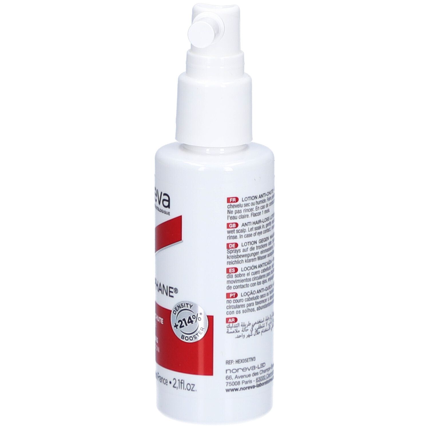 Flacon blanc avec vaporisateur. Bande rouge avec texte. "Hexaphane" et "Anti-Chute" visibles. 60ml.