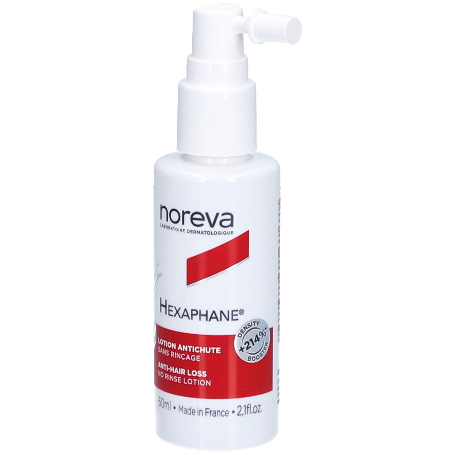Flacon blanc avec vaporisateur. Bande rouge avec texte. "Hexaphane" et "Anti-Chute" visibles. 60ml.