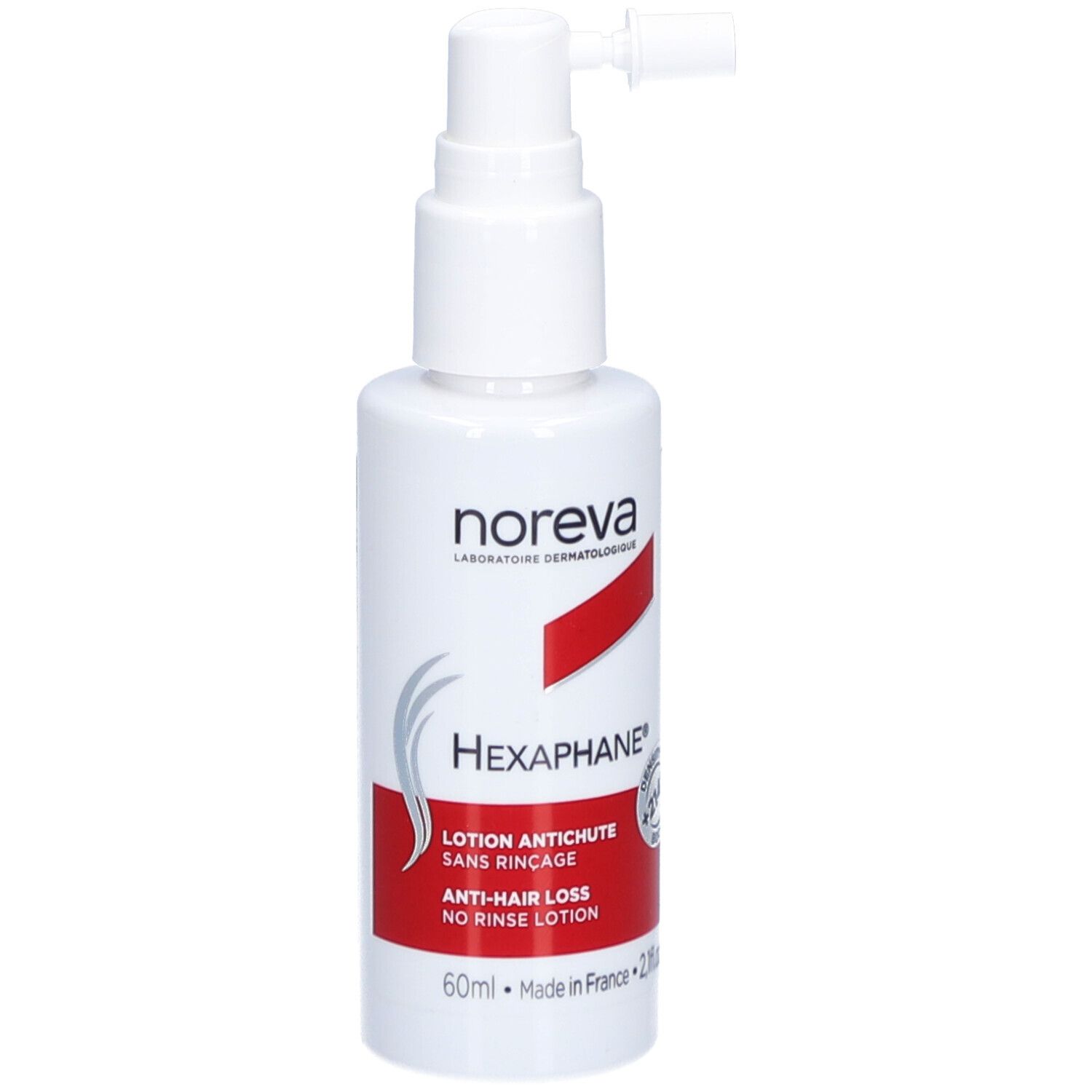 Flacon blanc avec vaporisateur. Bande rouge avec texte. "Hexaphane" et "Anti-Chute" visibles. 60ml.