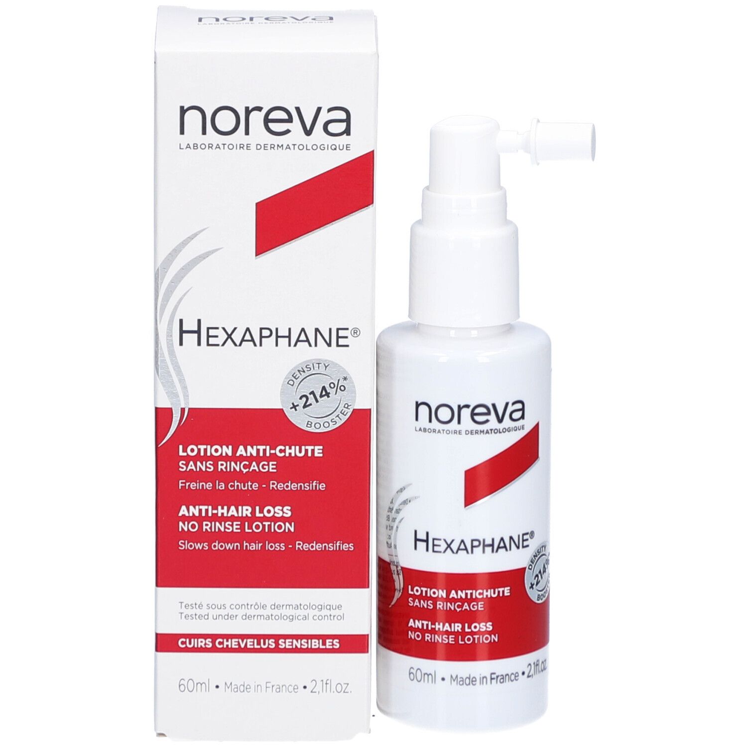 Flacon et emballage. Flacon blanc avec vaporisateur. Emballage rouge avec texte. 60ml.