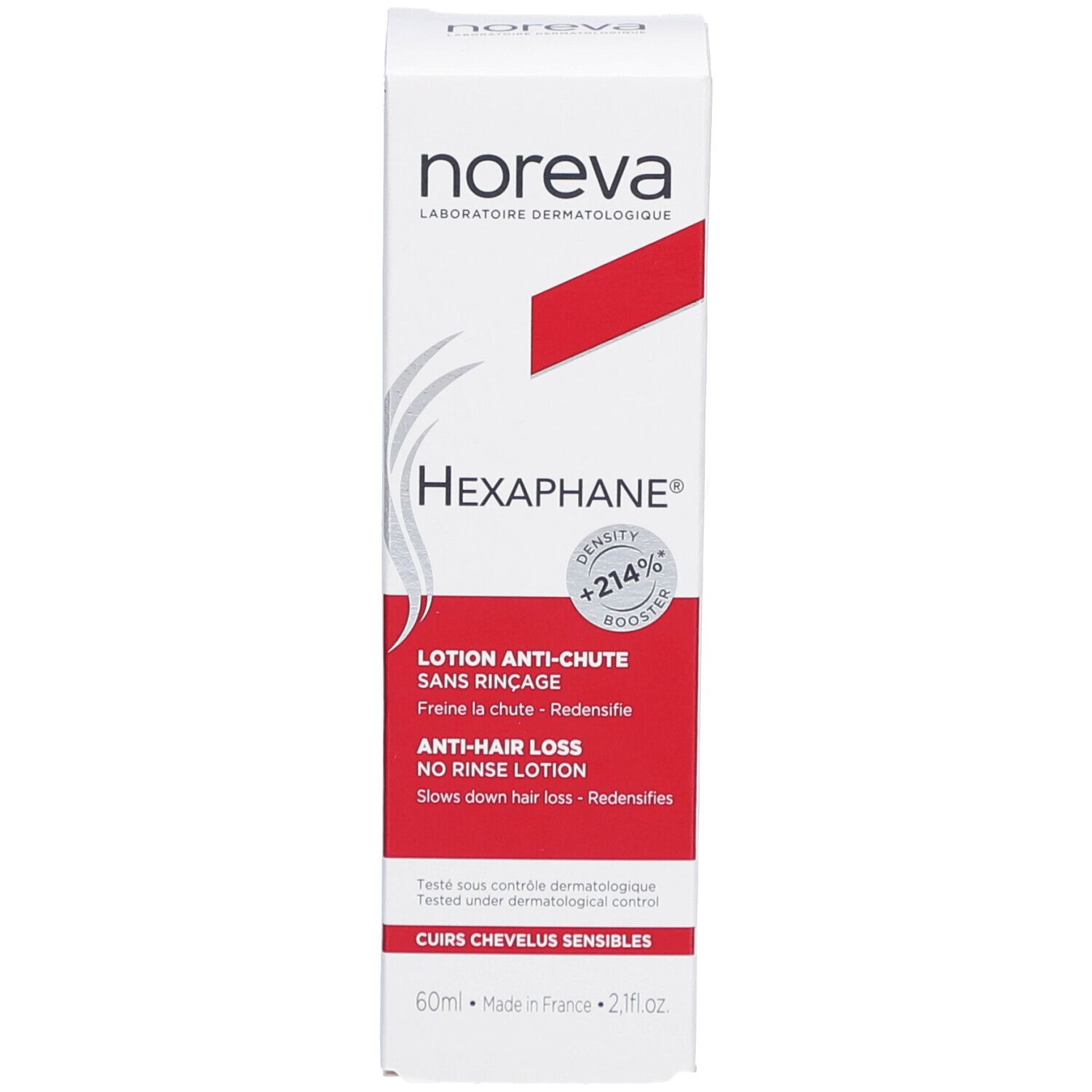Emballage rouge avec texte. "Hexaphane" et "Anti-Chute" visibles. 60ml.