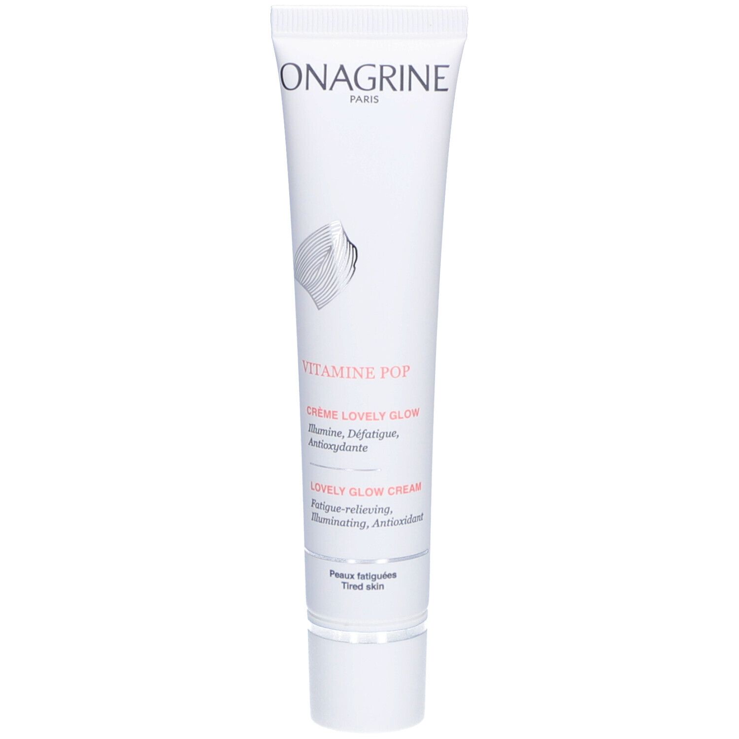 Tube blanc Onagrine Paris, Vitamine Pop. Crème Lovely Glow. Inscriptions en français et anglais. Bouchon blanc.