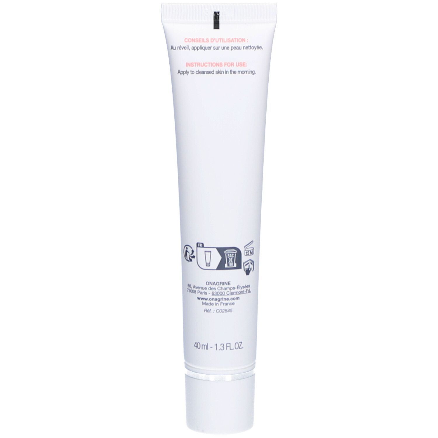 Dos d'un tube blanc. Instructions en français et anglais. Informations fabricant et volume. 40 ml.