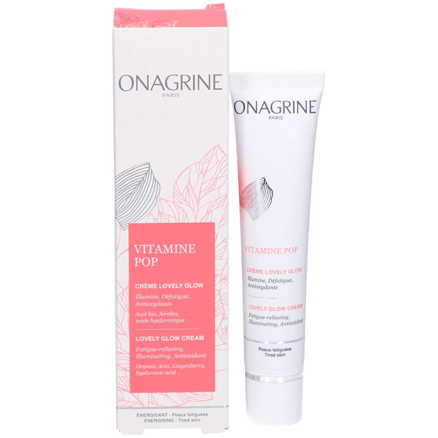 Emballage produit avec tube. Boîte rose et blanche Onagrine Paris, Vitamine Pop. Crème Lovely Glow. Tube à côté.