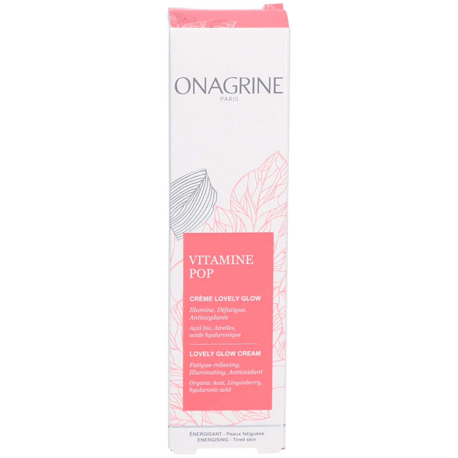 Emballage produit rose et blanc. Onagrine Paris, Vitamine Pop. Crème Lovely Glow. Texte en français et anglais.