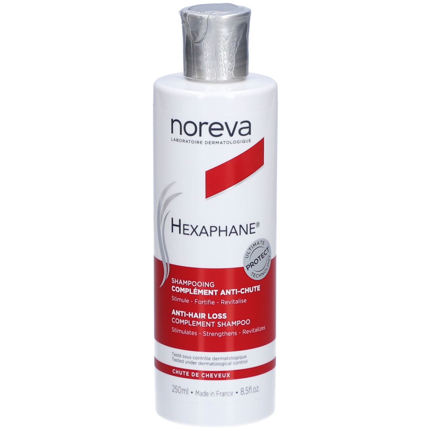 Flacon blanc, bouchon argenté. Bande rouge avec texte. Nom du produit: Hexaphane Shampooing Anti-Chute.