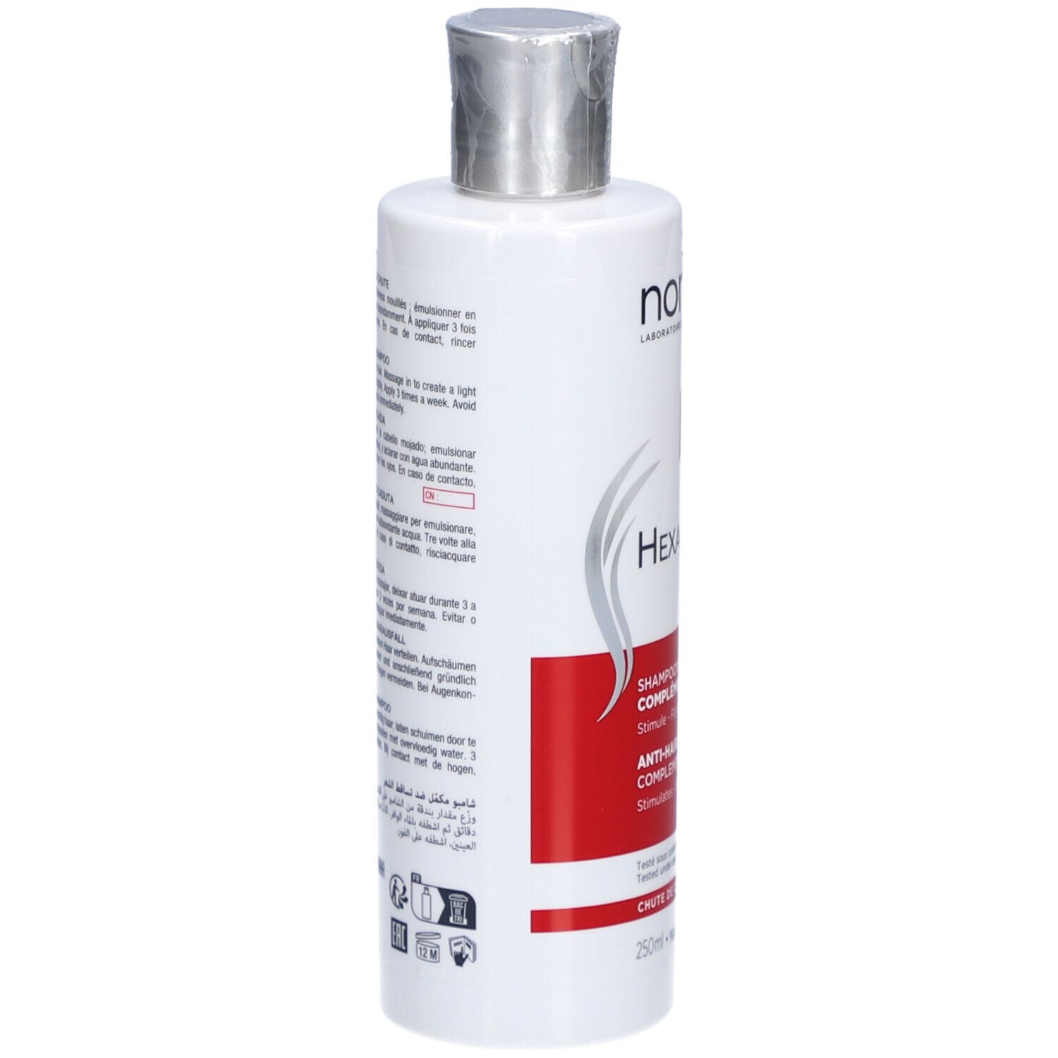 Flacon blanc, bouchon argenté. Dos avec texte. Produit: Hexaphane Shampooing Anti-Chute.