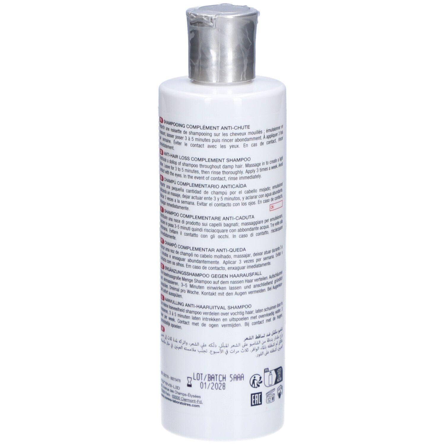 Flacon blanc, bouchon argenté. Dos avec texte. Produit: Hexaphane Shampooing Anti-Chute.