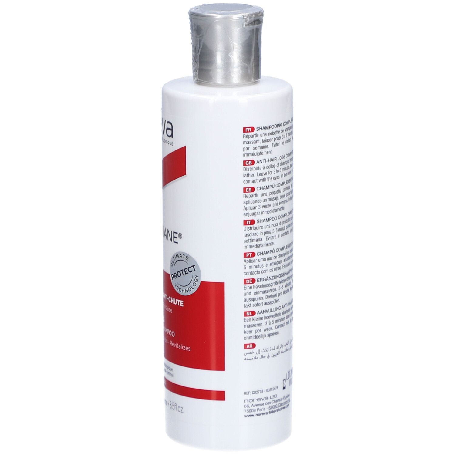 Flacon blanc, bouchon argenté. Côté avec texte. Produit: Hexaphane Shampooing Anti-Chute.