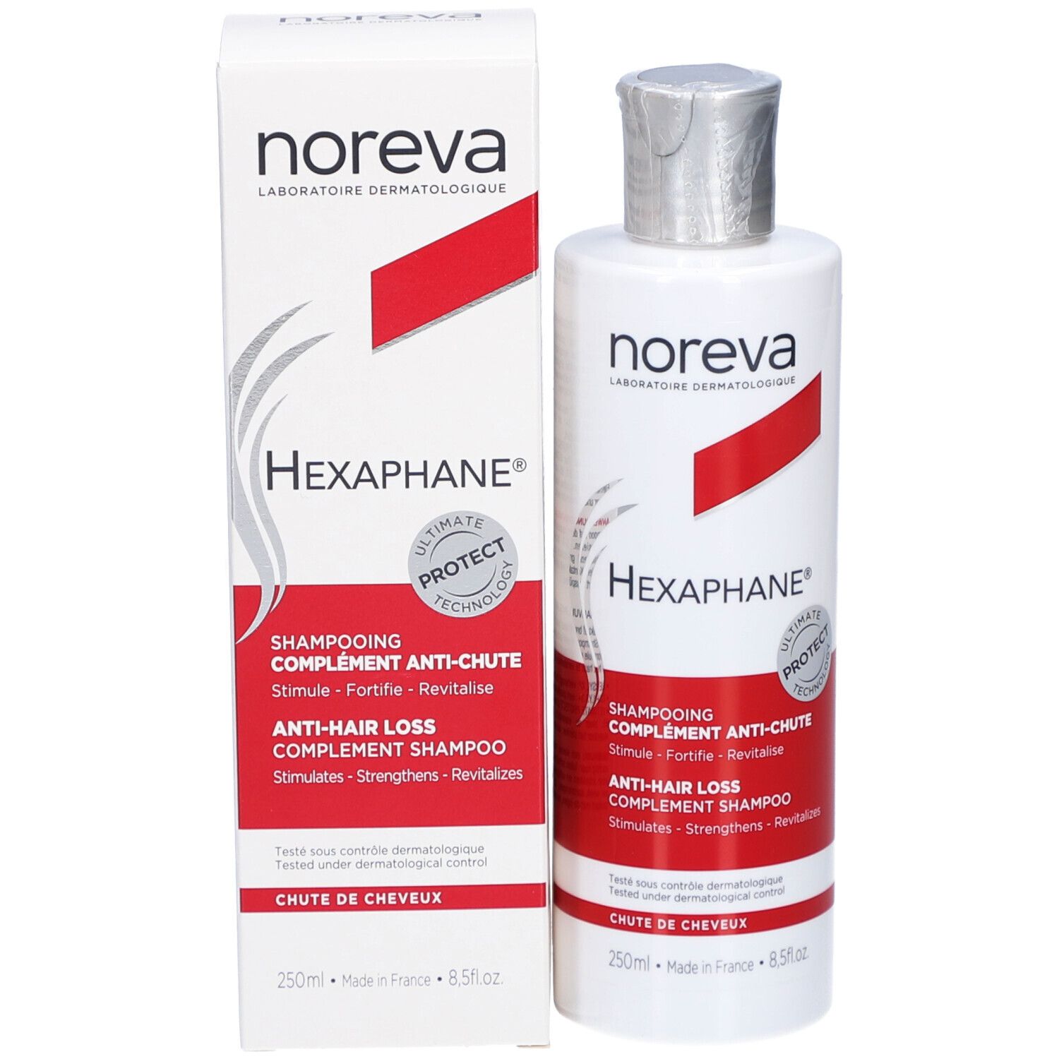 Flacon et boîte. Flacon blanc avec bande rouge. Produit: Hexaphane Shampooing Anti-Chute.