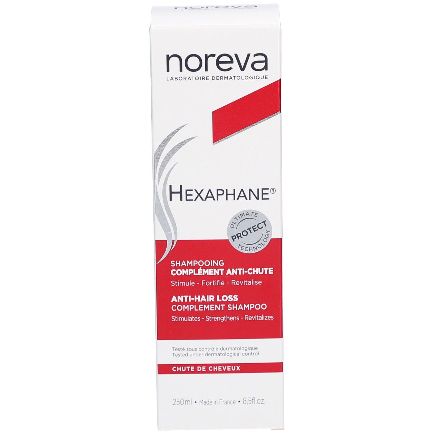 Emballage du produit. Boîte blanche avec bande rouge. Produit: Hexaphane Shampooing Anti-Chute.