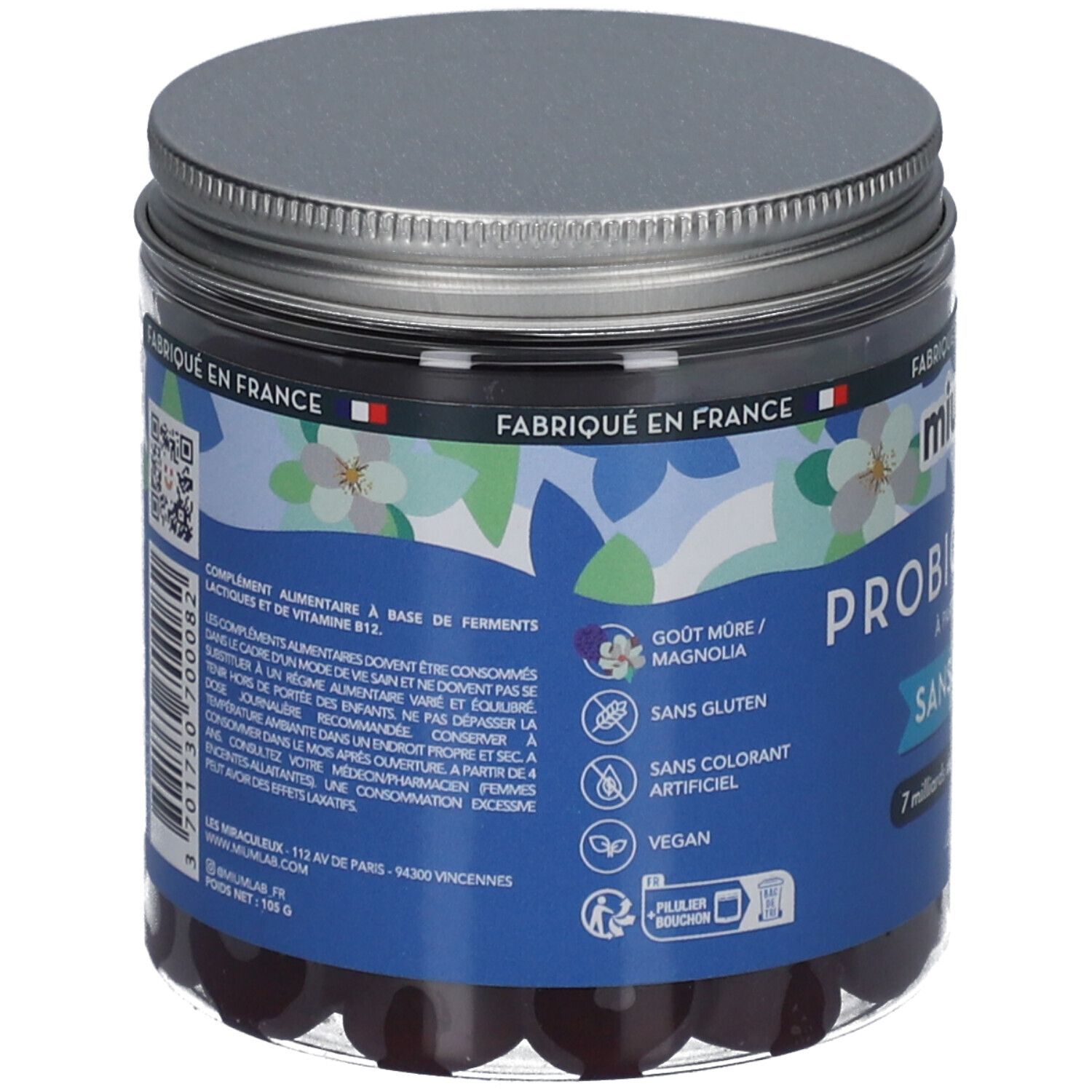 Dos du pot de Mium Lab Probiotiques Gummies. Étiquette bleue avec texte. Couvercle argenté. Fabriqué en France.