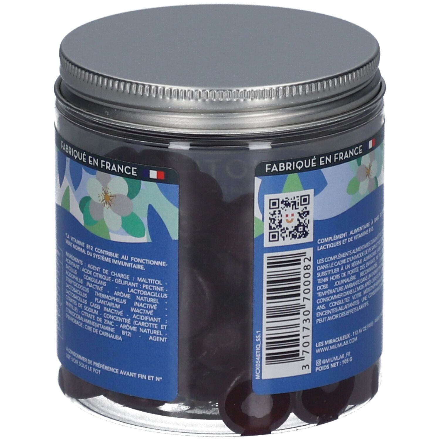 Dos du pot de Mium Lab Probiotiques Gummies. Étiquette bleue avec texte. Couvercle argenté. Fabriqué en France.
