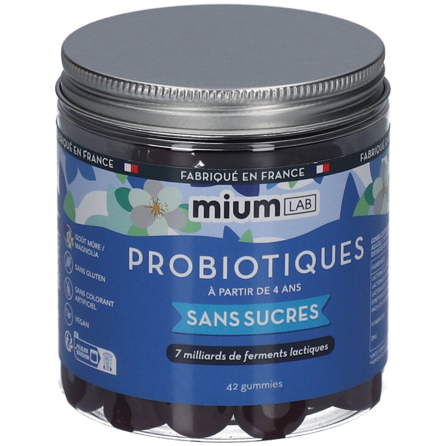 Pot de Mium Lab Probiotiques Gummies. Étiquette bleue avec texte. Couvercle argenté. 42 gummies, sans sucres.