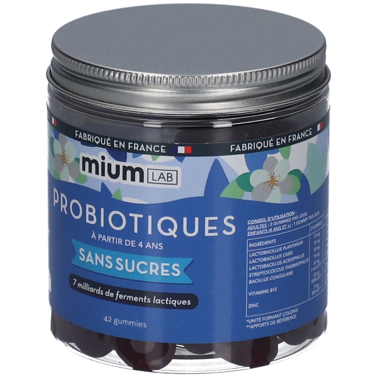 Pot de Mium Lab Probiotiques Gummies. Étiquette bleue avec texte. Couvercle argenté. 42 gummies, sans sucres.