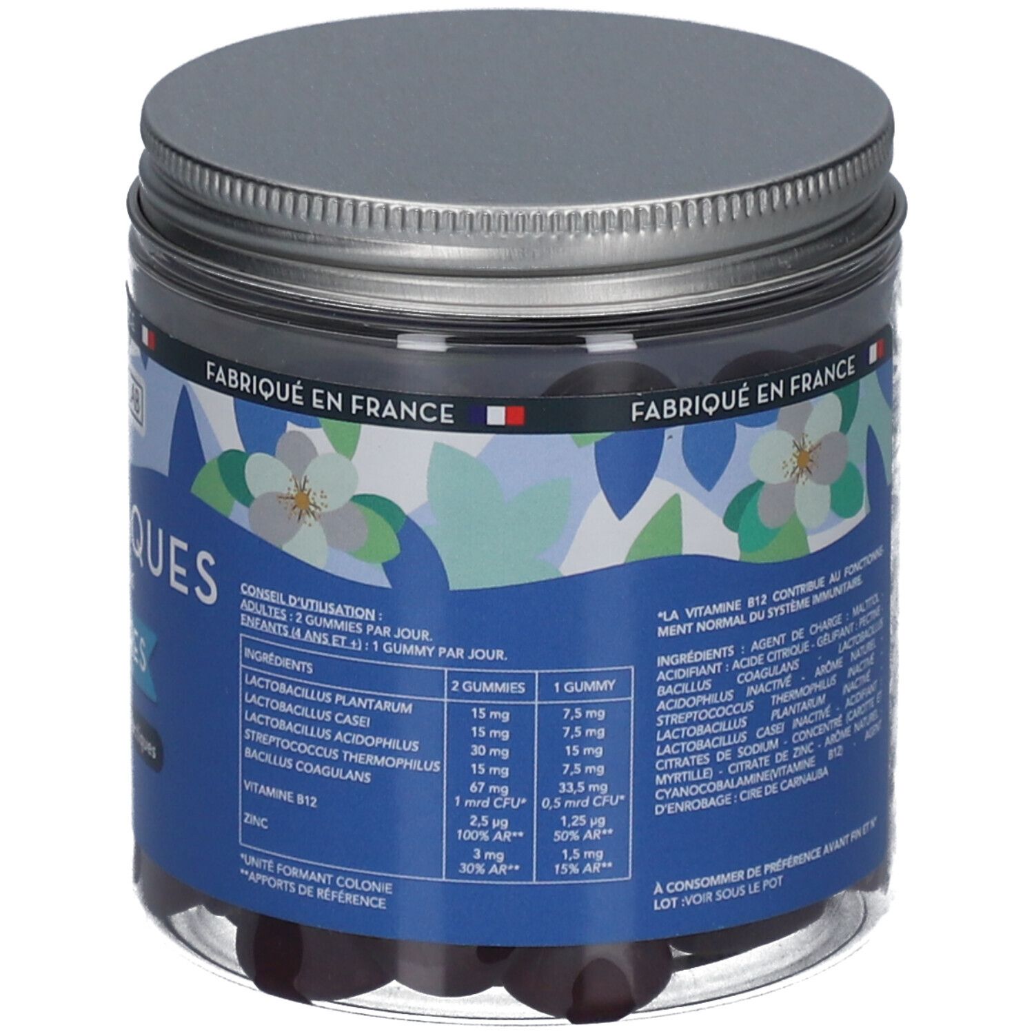 Dos du pot de Mium Lab Probiotiques Gummies. Étiquette bleue avec texte. Couvercle argenté. Fabriqué en France.