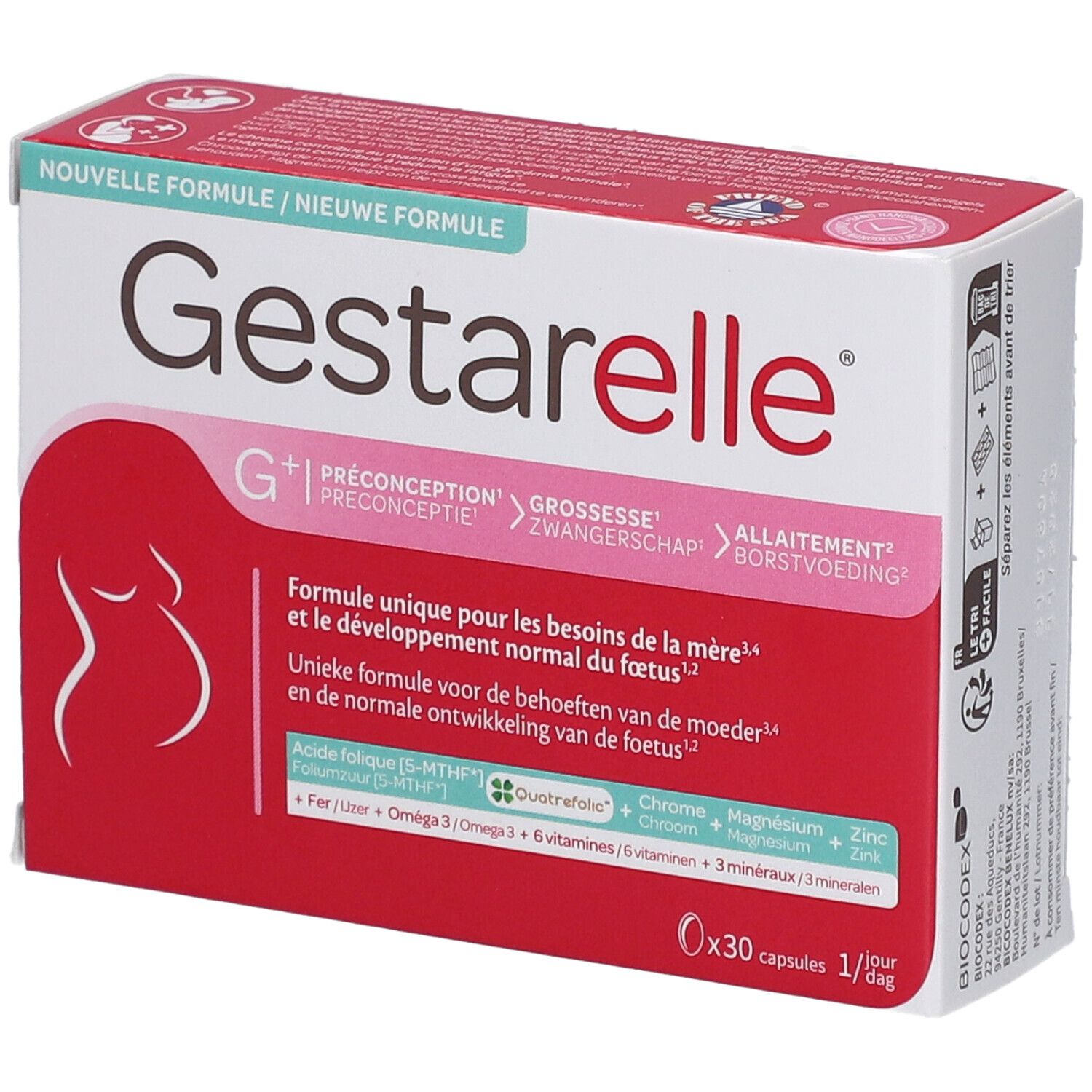 Boîte de Gestarelle G+. Contient 30 capsules. Inscriptions: Préconception, Grossesse, Allaitement.