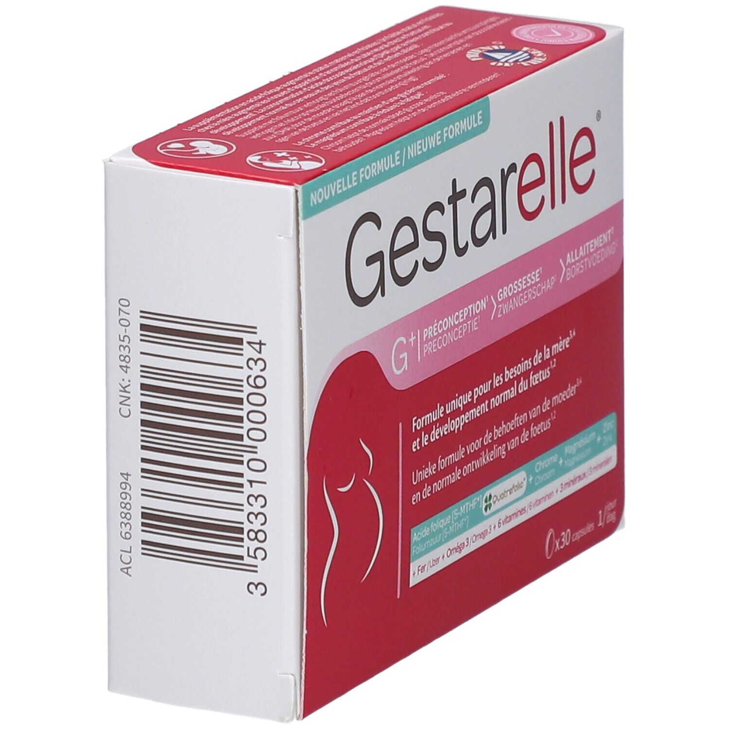 Boîte de Gestarelle G+ en biais. Inscriptions: Préconception, Grossesse, Allaitement. Code-barres et CNK.