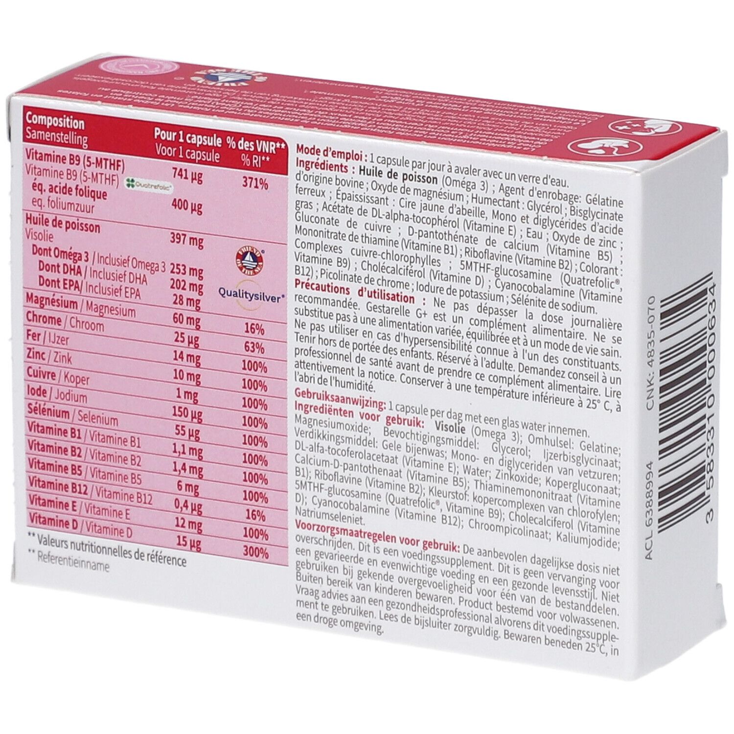 Dos de la boîte Gestarelle G+. Contient informations nutritionnelles et ingrédients. Label qualité.