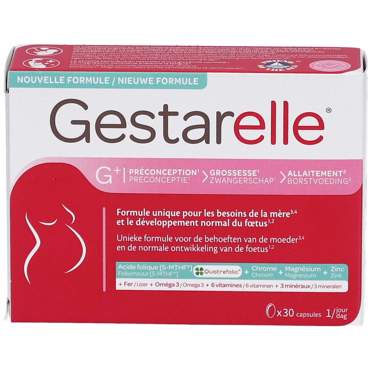Boîte Gestarelle G+. Inscriptions: Préconception, Grossesse, Allaitement. Contient 30 capsules.
